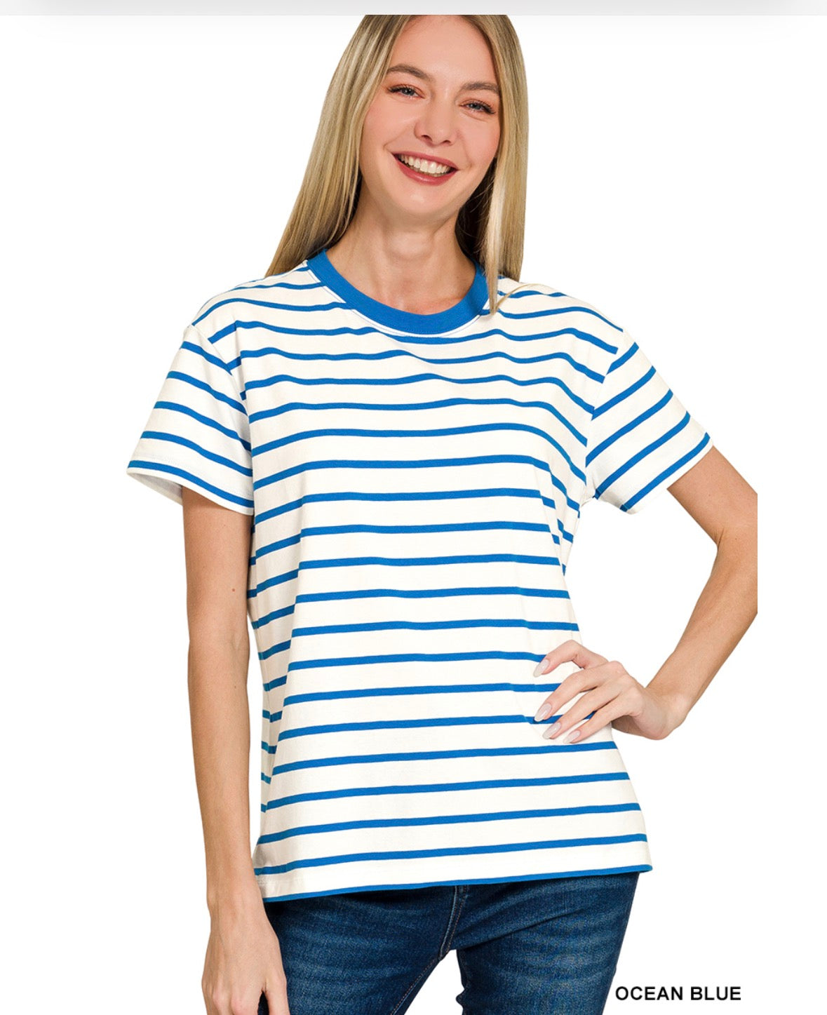 Blue Striped Crew Neck Tee-Tops-Zenana-Stuffology - Where Vintage Meets Modern, A Boutique for Real Women in Crosbyton, TX