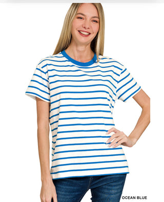 Blue Striped Crew Neck Tee-Tops-Zenana-Stuffology - Where Vintage Meets Modern, A Boutique for Real Women in Crosbyton, TX