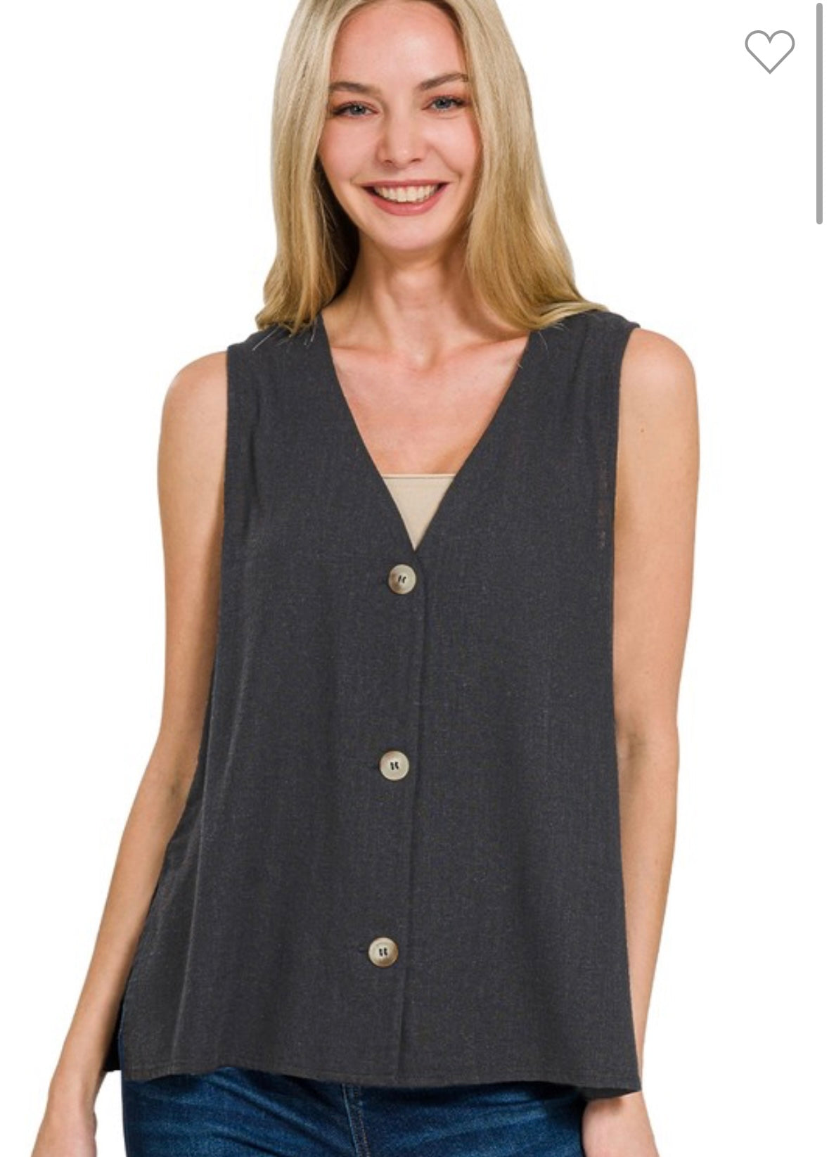 Black Linen Blend 3 Button Slit Vest-LINEN VEST-Stuffology Boutique-Stuffology - Where Vintage Meets Modern, A Boutique for Real Women in Crosbyton, TX