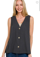 Black Linen Blend 3 Button Slit Vest-LINEN VEST-Stuffology Boutique-Stuffology - Where Vintage Meets Modern, A Boutique for Real Women in Crosbyton, TX
