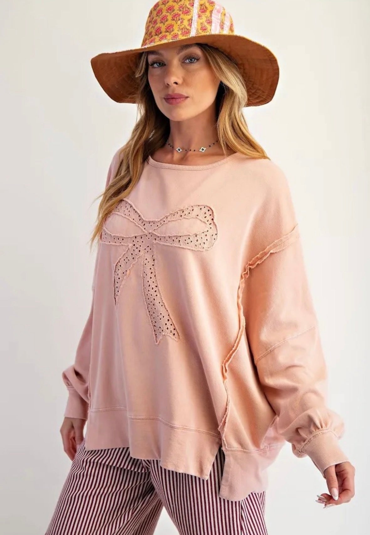 Bow Patch Washed Terry Pullover-Stuffology Boutique -Stuffology - Where Vintage Meets Modern, A Boutique for Real Women in Crosbyton, TX