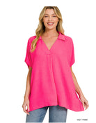 Hot Pink Oversized Airflow Collared Top-Oversized Top-Zenana-Stuffology - Where Vintage Meets Modern, A Boutique for Real Women in Crosbyton, TX
