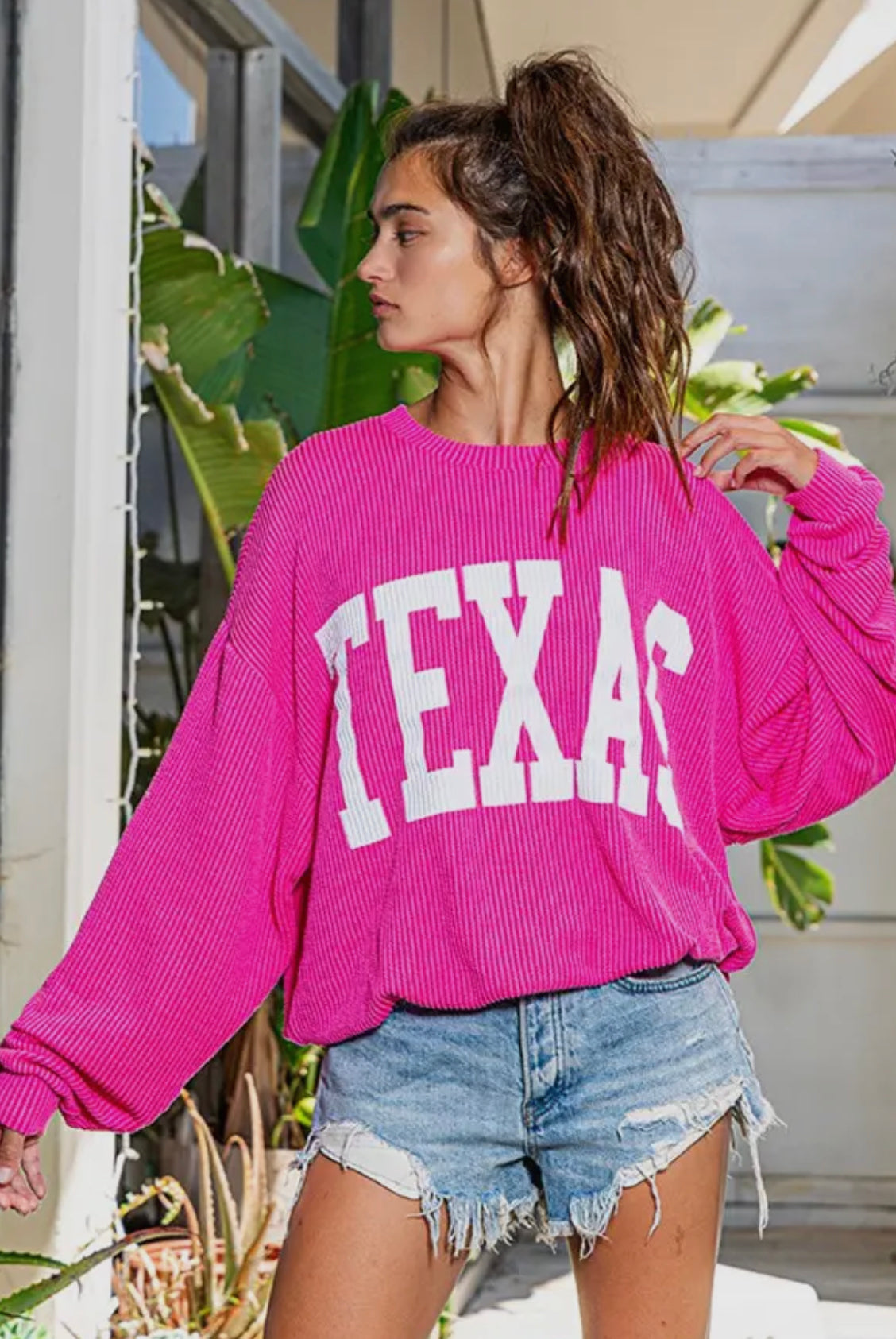 Hot Pink Texas Corded Lightweight Oversized Sweatshirt / Stuffology Boutique-Graphic Sweaters-Bucket List-Stuffology - Where Vintage Meets Modern, A Boutique for Real Women in Crosbyton, TX