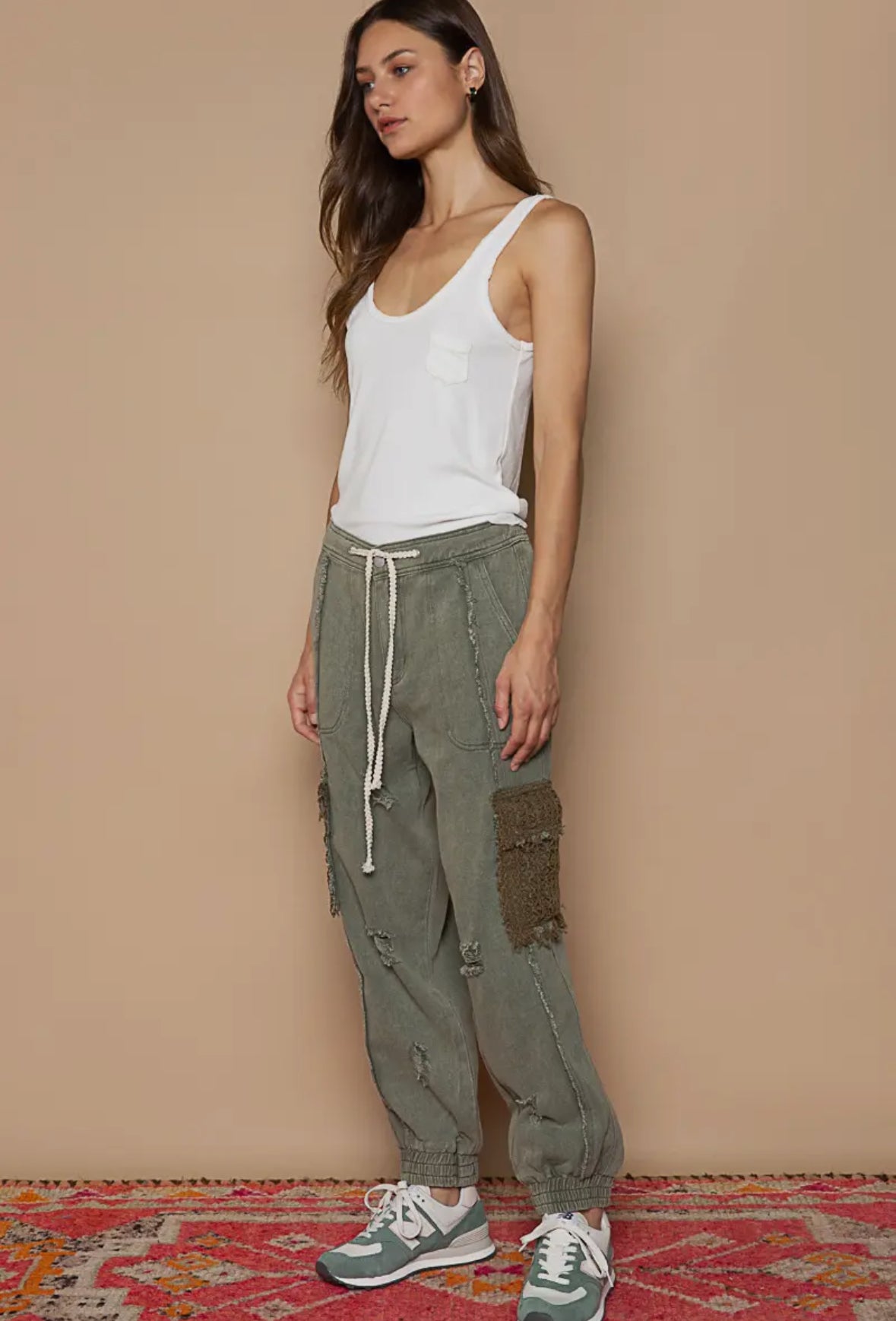 POL Clothing Shadow Green Tie Waistband Contrast Crochet Cargo Pockets Denim Joggers-Joggers-Pol Clothing-Stuffology - Where Vintage Meets Modern, A Boutique for Real Women in Crosbyton, TX