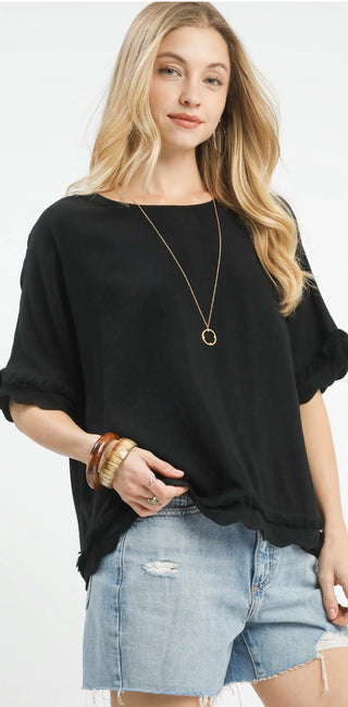 Black Linen Frayed Hem Scallop Edge Top-Blouse-Umgee-Stuffology - Where Vintage Meets Modern, A Boutique for Real Women in Crosbyton, TX