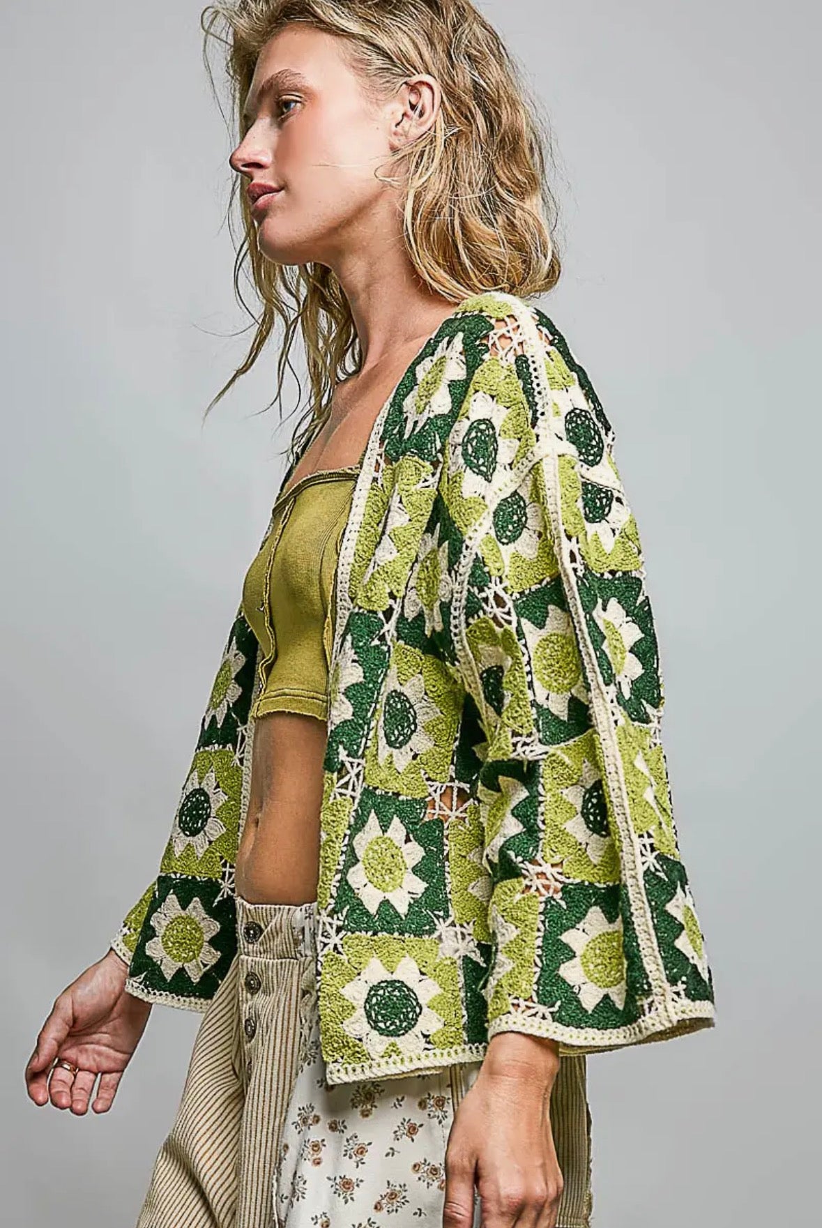 POL Clothing Olive Patchwork Border Cardigan-Cardigan-Stuffology Boutique -Stuffology - Where Vintage Meets Modern, A Boutique for Real Women in Crosbyton, TX