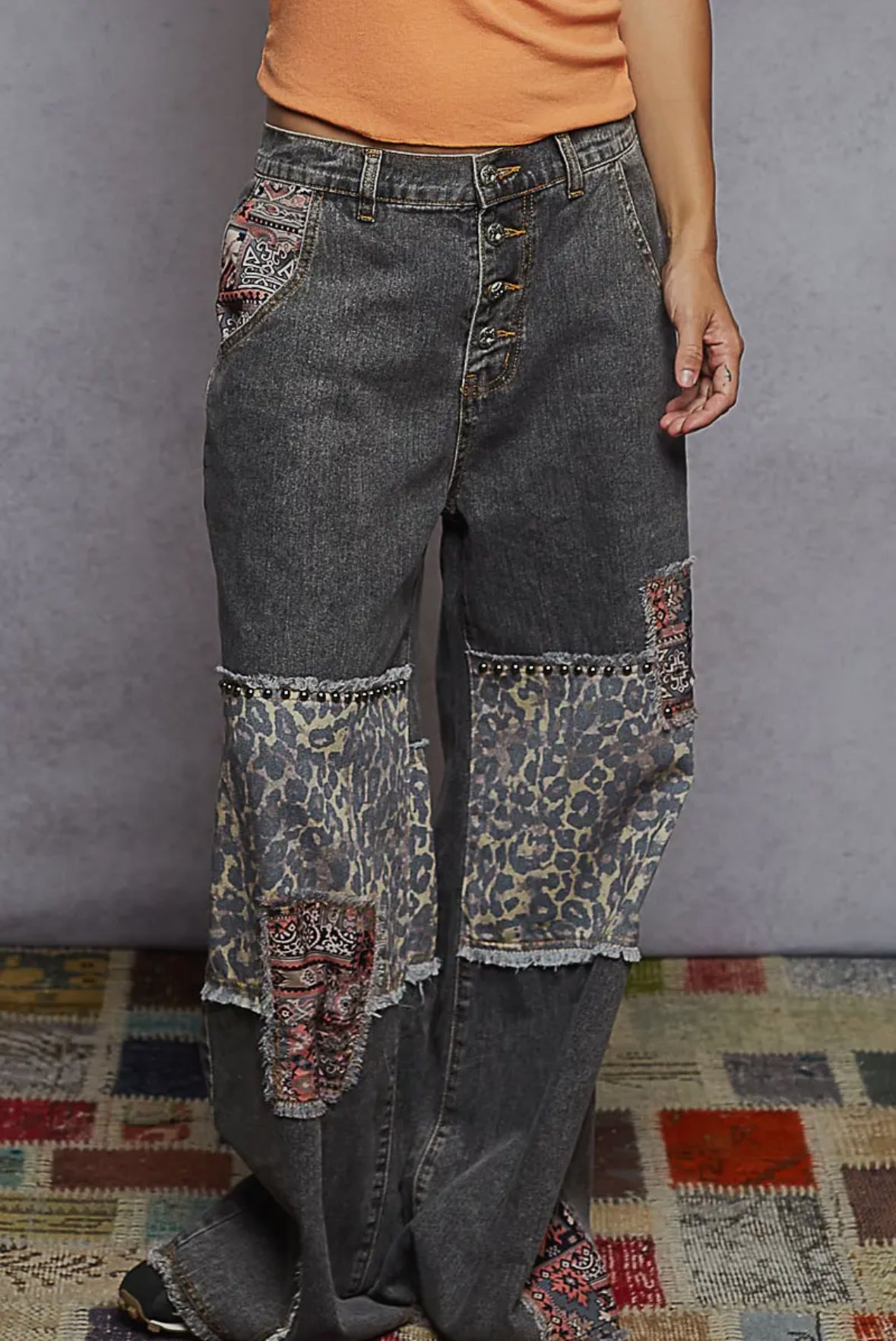 POL Clothing Vintage Black Leopard Patchwork Wide-Leg Jeans-Pol Clothing-Stuffology - Where Vintage Meets Modern, A Boutique for Real Women in Crosbyton, TX