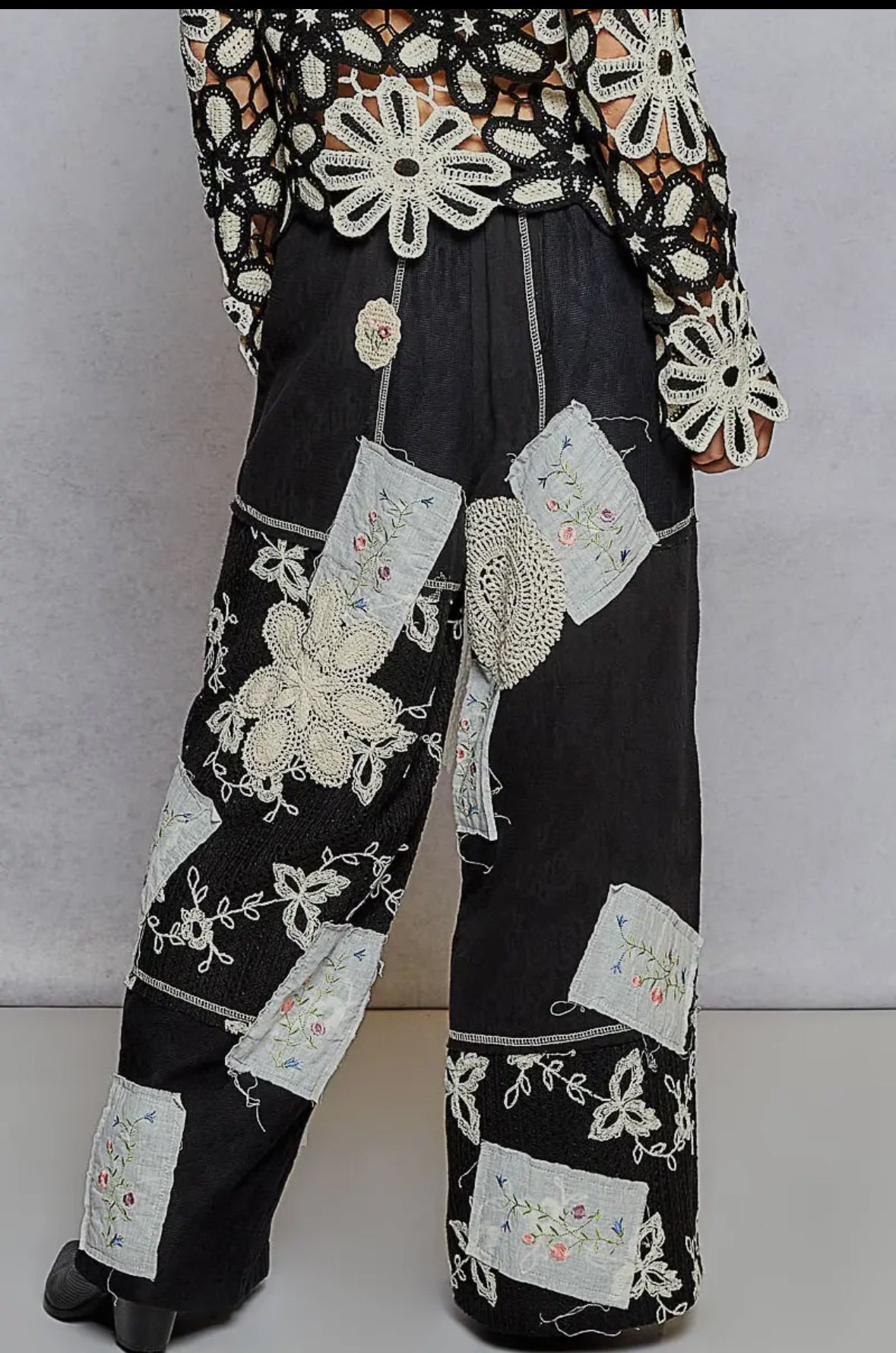 Solid lace patch detail woven pants-Pants-Pol Clothing-Stuffology - Where Vintage Meets Modern, A Boutique for Real Women in Crosbyton, TX