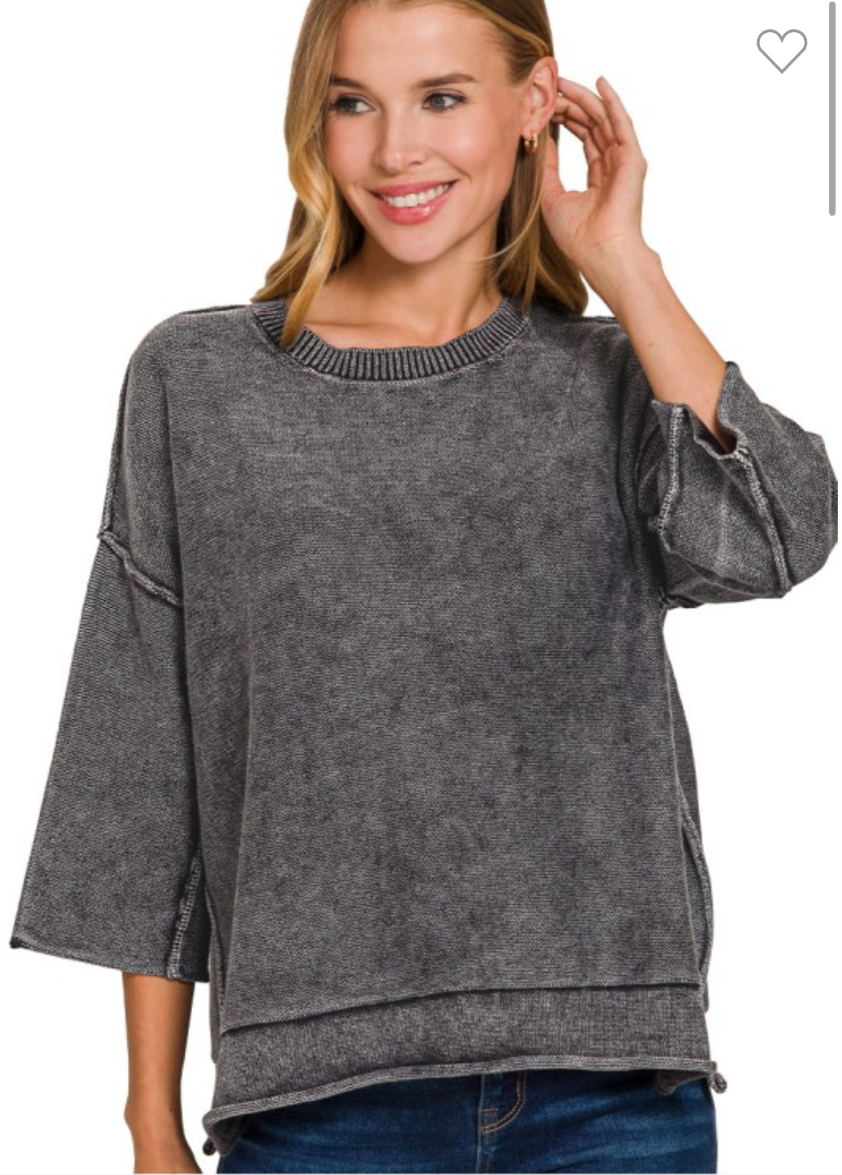CHARCOAL WASHED BOXY 3/4 SLEEVE SWEATER-Sweaters-Stuffology Boutique-Stuffology - Where Vintage Meets Modern, A Boutique for Real Women in Crosbyton, TX