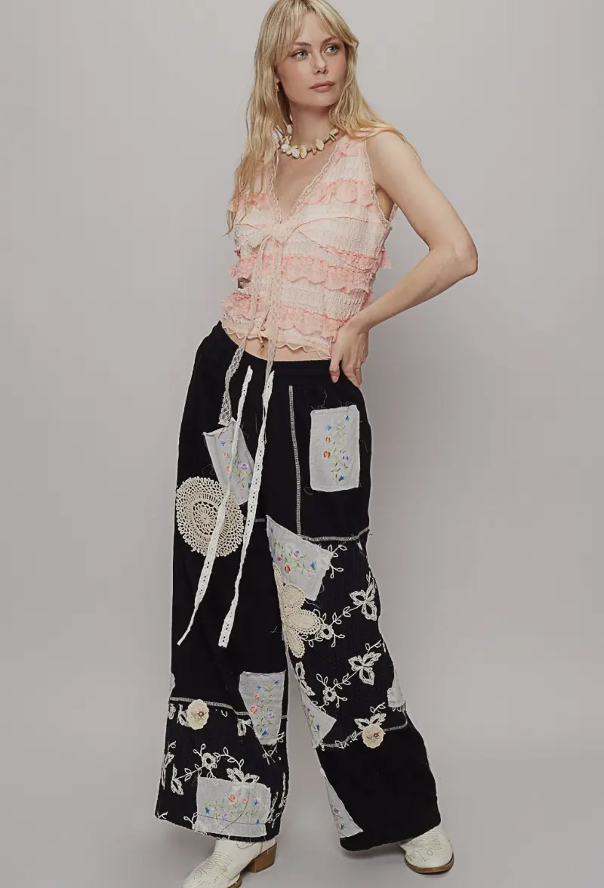 Solid lace patch detail woven pants-Pants-Pol Clothing-Stuffology - Where Vintage Meets Modern, A Boutique for Real Women in Crosbyton, TX