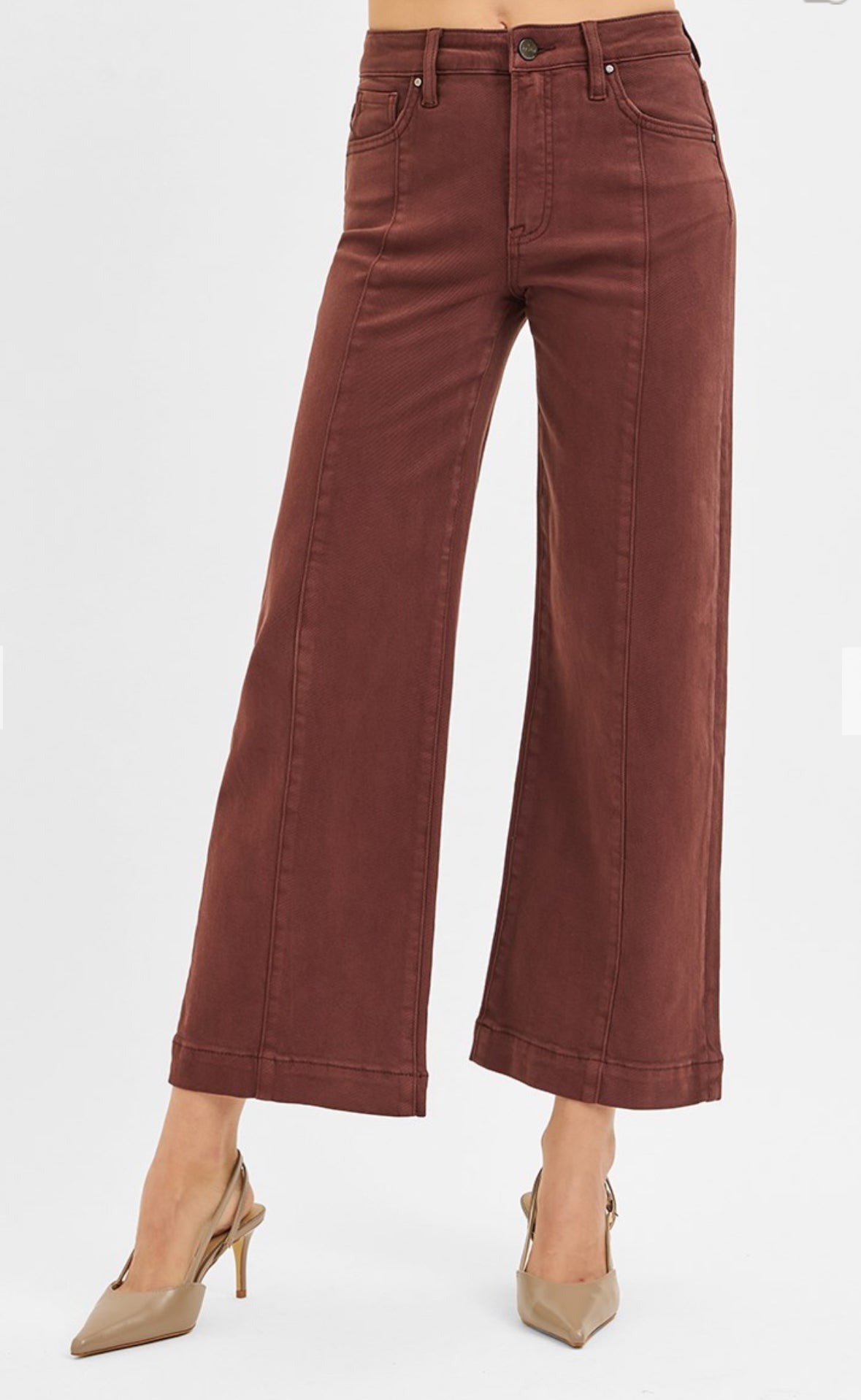 Risen Chocolate Wide Leg Crop Tummy Control Pants-Pants-Risen Jeans-Stuffology - Where Vintage Meets Modern, A Boutique for Real Women in Crosbyton, TX