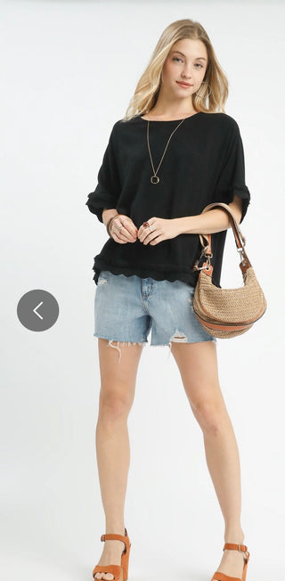 Black Linen Frayed Hem Scallop Edge Top-Blouse-Umgee-Stuffology - Where Vintage Meets Modern, A Boutique for Real Women in Crosbyton, TX