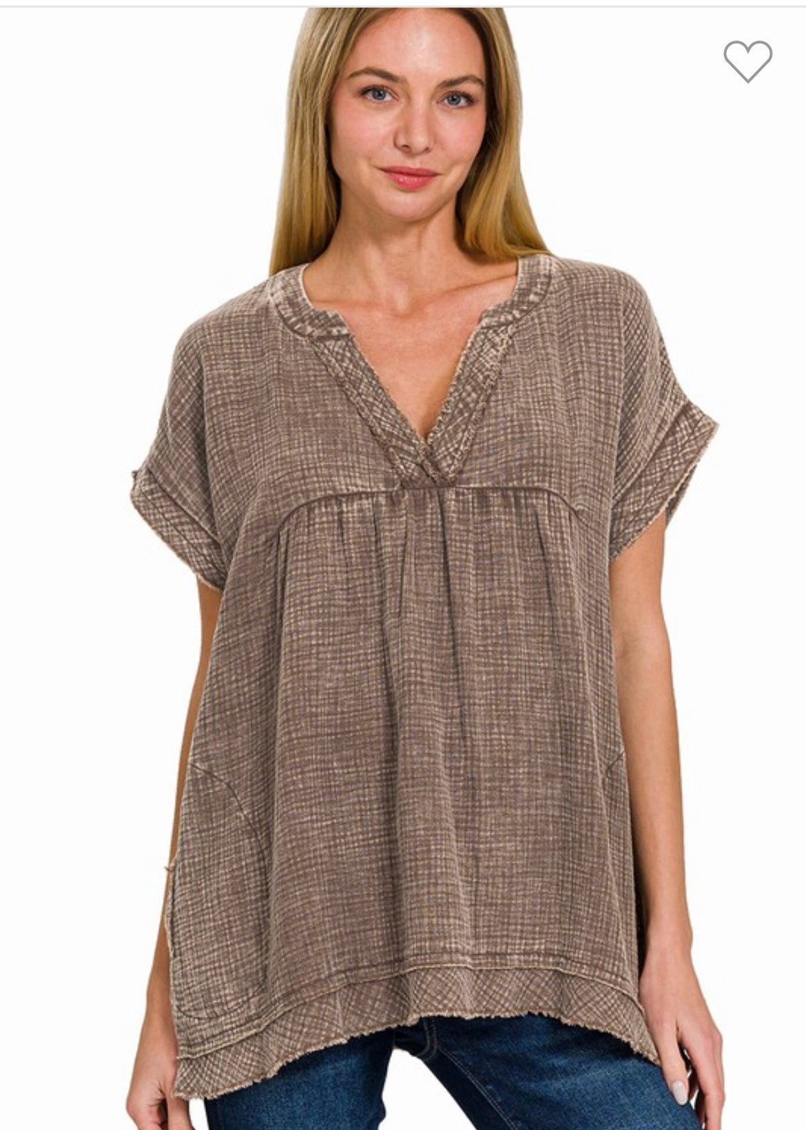 GAUZE HENLEY NECK SHORT SLEEVEE SHIRT / STUFFOLOGY BOUTIQUE-TOP-Zenana-Stuffology - Where Vintage Meets Modern, A Boutique for Real Women in Crosbyton, TX