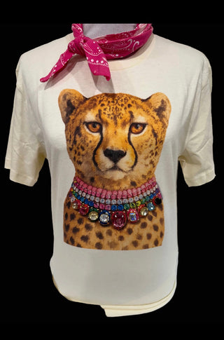 Jeweled Collar Leopard on Natural Crew-Women > Tops > Tshirts > Graphic-Bling-A-GoGo, LLC-Stuffology - Where Vintage Meets Modern, A Boutique for Real Women in Crosbyton, TX