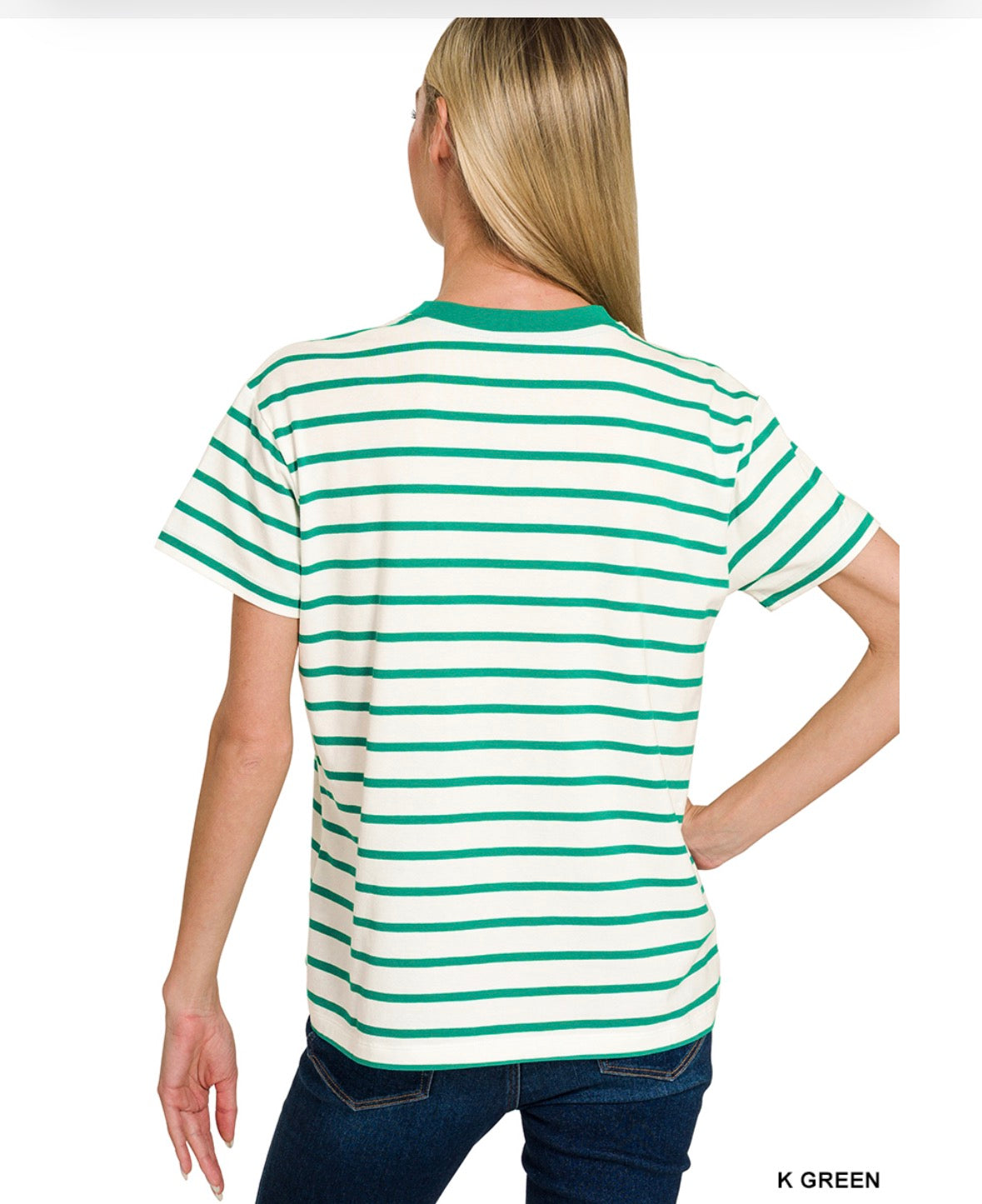 Kelly Green Striped Crew Neck Tee-Tops-Zenana-Stuffology - Where Vintage Meets Modern, A Boutique for Real Women in Crosbyton, TX