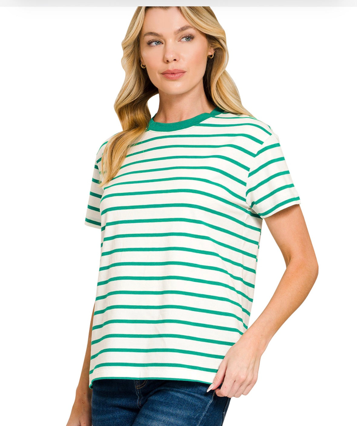 Kelly Green Striped Crew Neck Tee-Tops-Zenana-Stuffology - Where Vintage Meets Modern, A Boutique for Real Women in Crosbyton, TX