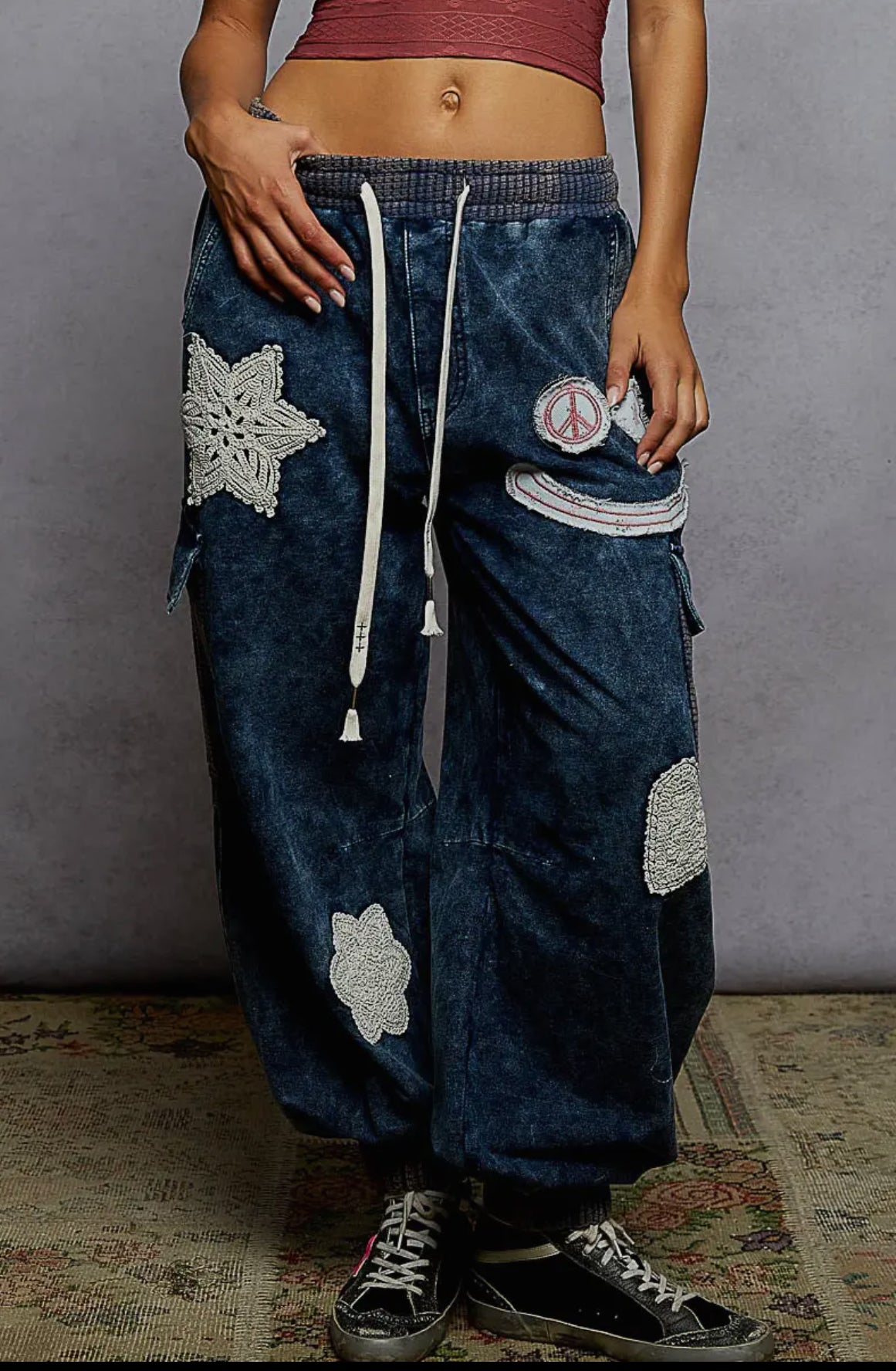 POL Clothing - French Terry Crochet Patch Jogger Pants-Joggers-Stuffology Boutique -Stuffology - Where Vintage Meets Modern, A Boutique for Real Women in Crosbyton, TX