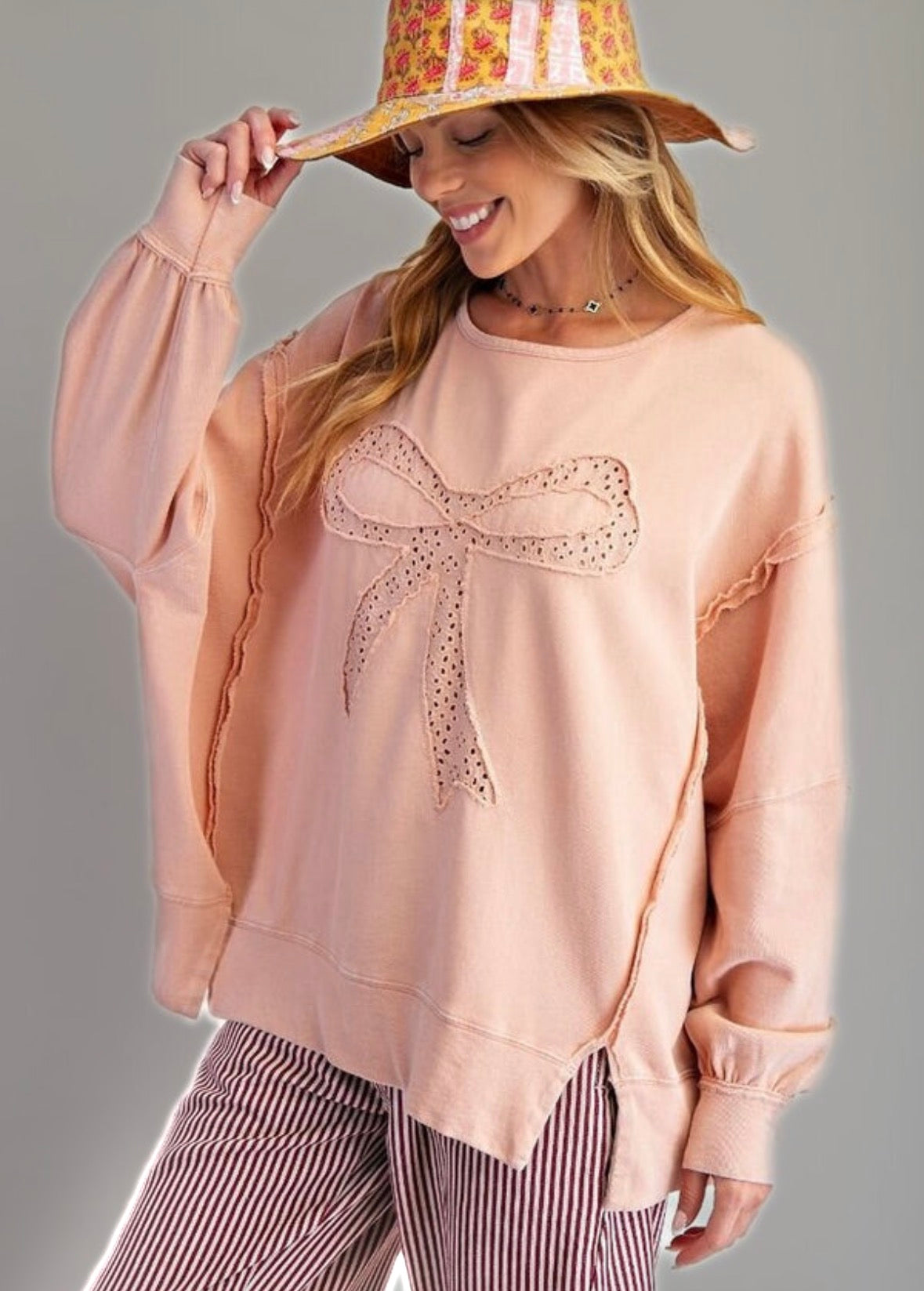 Bow Patch Washed Terry Pullover-Stuffology Boutique -Stuffology - Where Vintage Meets Modern, A Boutique for Real Women in Crosbyton, TX