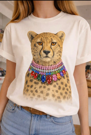 Jeweled Collar Leopard on Natural Crew-Women > Tops > Tshirts > Graphic-Bling-A-GoGo, LLC-Stuffology - Where Vintage Meets Modern, A Boutique for Real Women in Crosbyton, TX