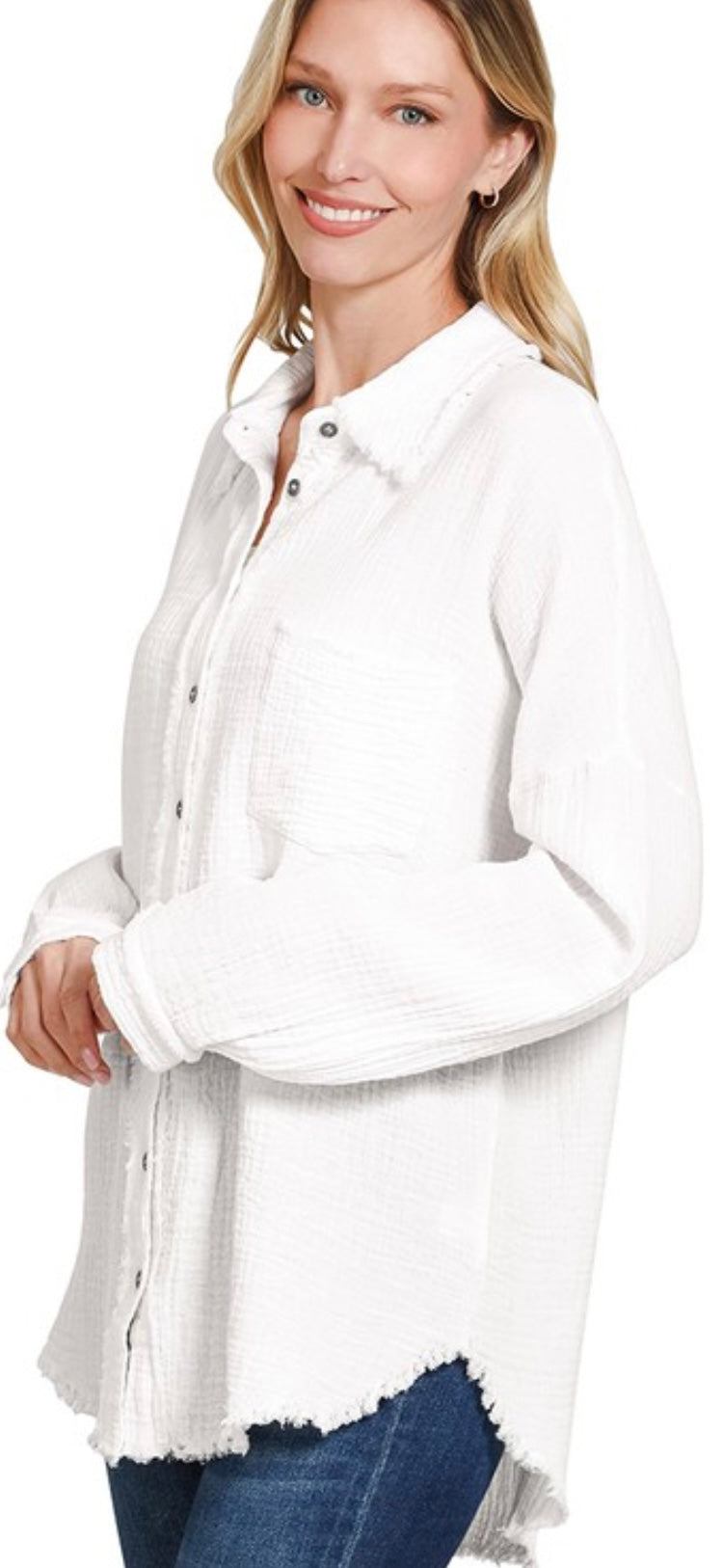 Double Gauze Oversized Raw Edge Shirt-Shirt-Stuffology Boutique -Stuffology - Where Vintage Meets Modern, A Boutique for Real Women in Crosbyton, TX