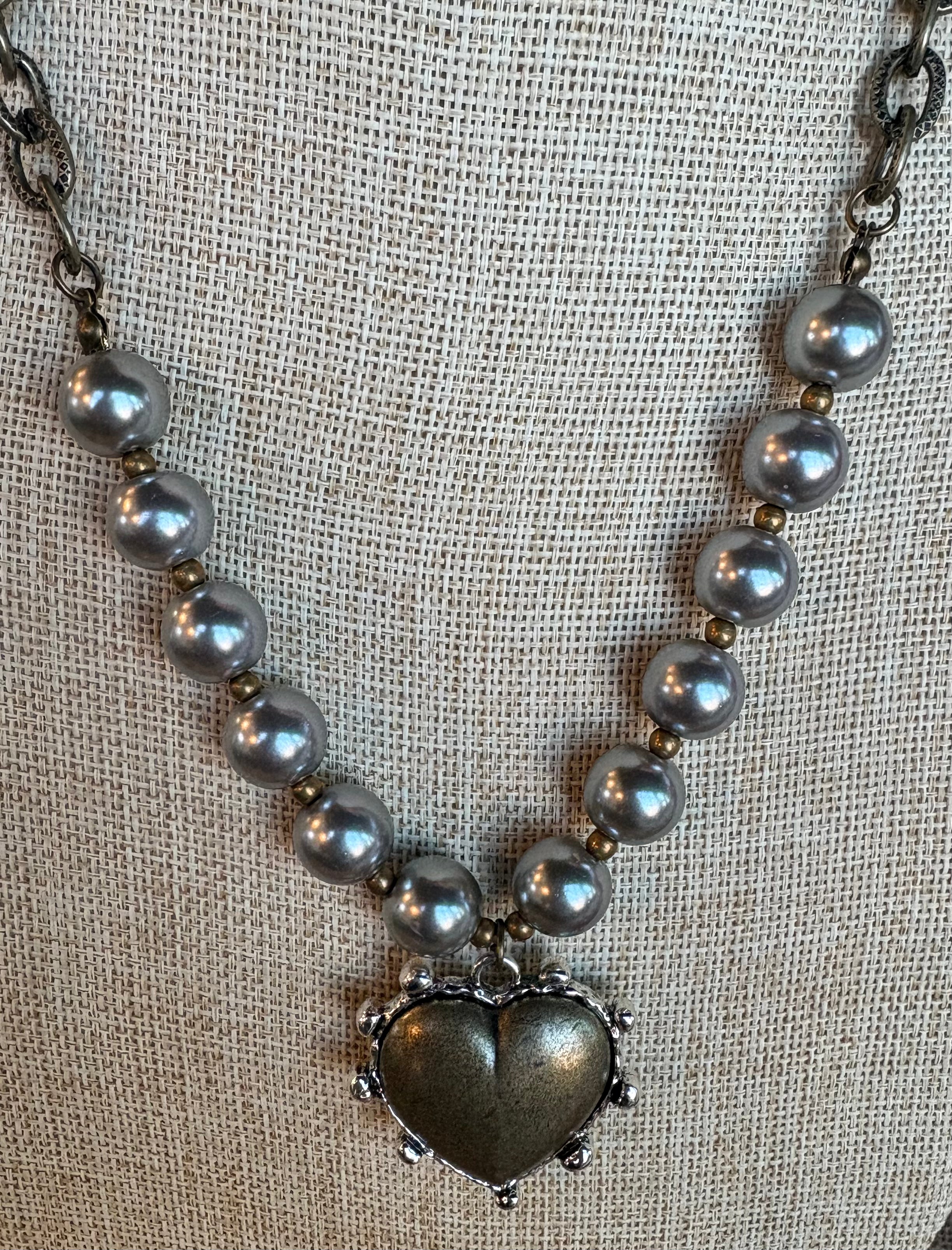 Gray Pearl Chain Necklace with Vintage Heart Pendant-Necklaces-Lost & Found Trading-Stuffology - Where Vintage Meets Modern, A Boutique for Real Women in Crosbyton, TX