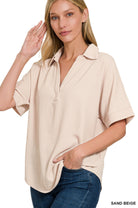 Collared V-Neck Short Sleeve Top-Blouse-Zenana-Stuffology - Where Vintage Meets Modern, A Boutique for Real Women in Crosbyton, TX