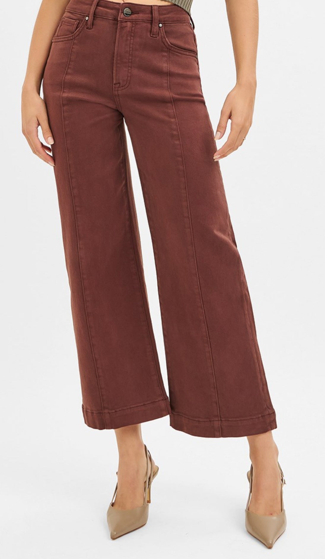 Risen Chocolate Wide Leg Crop Tummy Control Pants-Pants-Risen Jeans-Stuffology - Where Vintage Meets Modern, A Boutique for Real Women in Crosbyton, TX