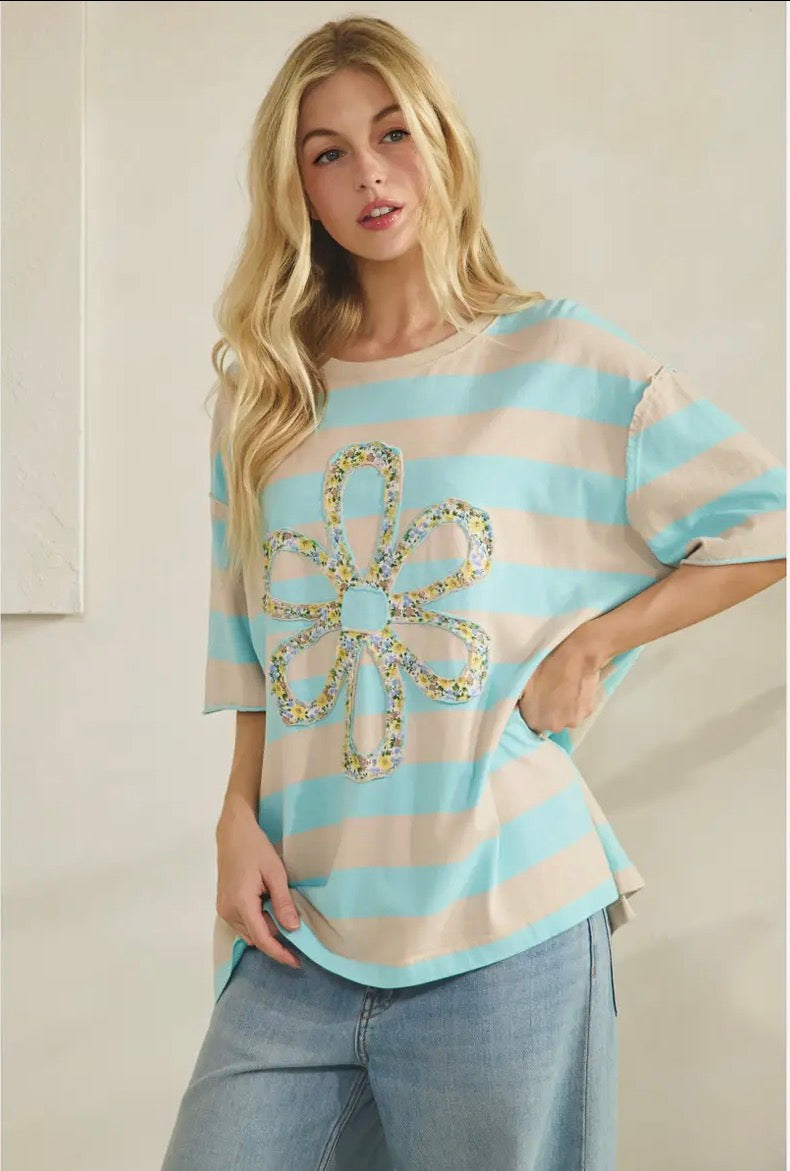 The Stripe Bloom Tee-Oversized Top-Sage + Fig-Stuffology - Where Vintage Meets Modern, A Boutique for Real Women in Crosbyton, TX