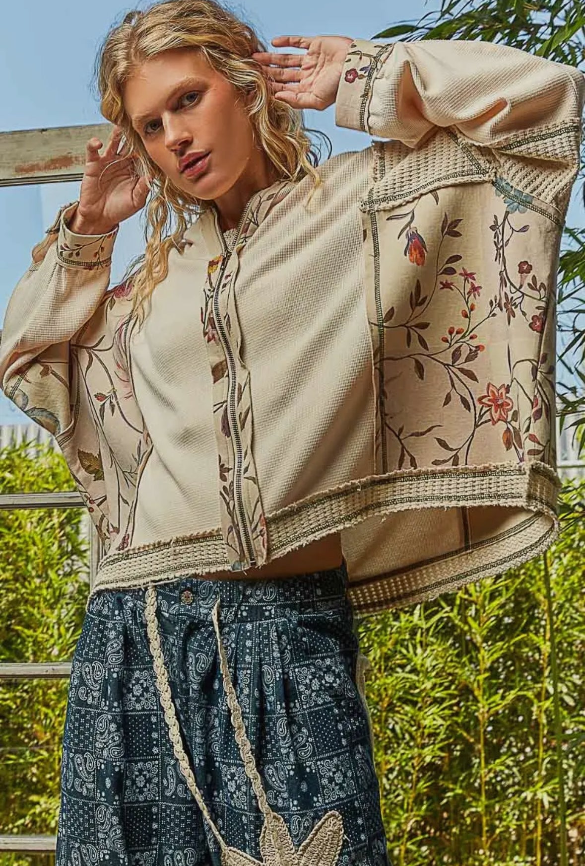 POL Clothing Floral Patchwork Thermal Hoodie Jacket-Jackets-Pol Clothing-Stuffology - Where Vintage Meets Modern, A Boutique for Real Women in Crosbyton, TX
