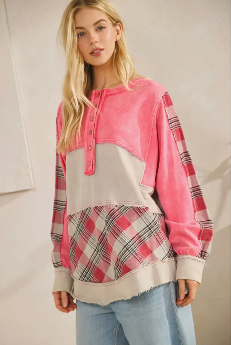 Color block Plaid Henley Pullover-Stuffology Boutique -Stuffology - Where Vintage Meets Modern, A Boutique for Real Women in Crosbyton, TX