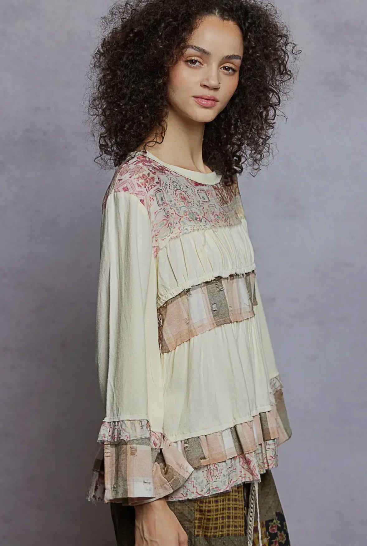 POL Clothing Boho Patchwork Ruffle Top-TOP-POL Clothing-Stuffology - Where Vintage Meets Modern, A Boutique for Real Women in Crosbyton, TX