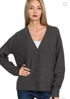 Charcoal Drop Shoulder Button Front Sweater Cardigan-Sweater Cardigan-Zenana-Stuffology - Where Vintage Meets Modern, A Boutique for Real Women in Crosbyton, TX
