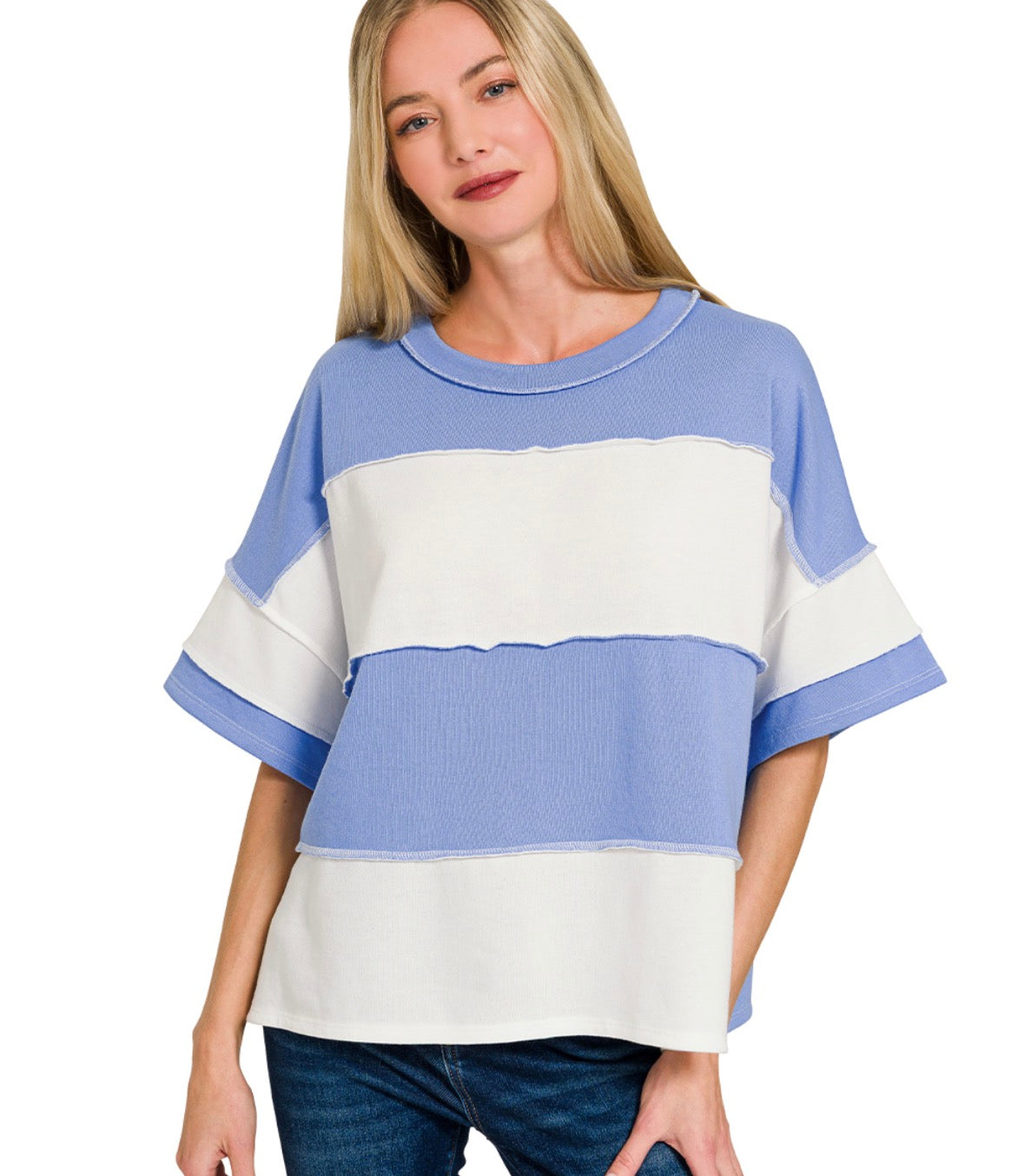 FRENCH TERRY COLOR BLOCK EXPOSED SEAM TOP-Zenana-Stuffology - Where Vintage Meets Modern, A Boutique for Real Women in Crosbyton, TX