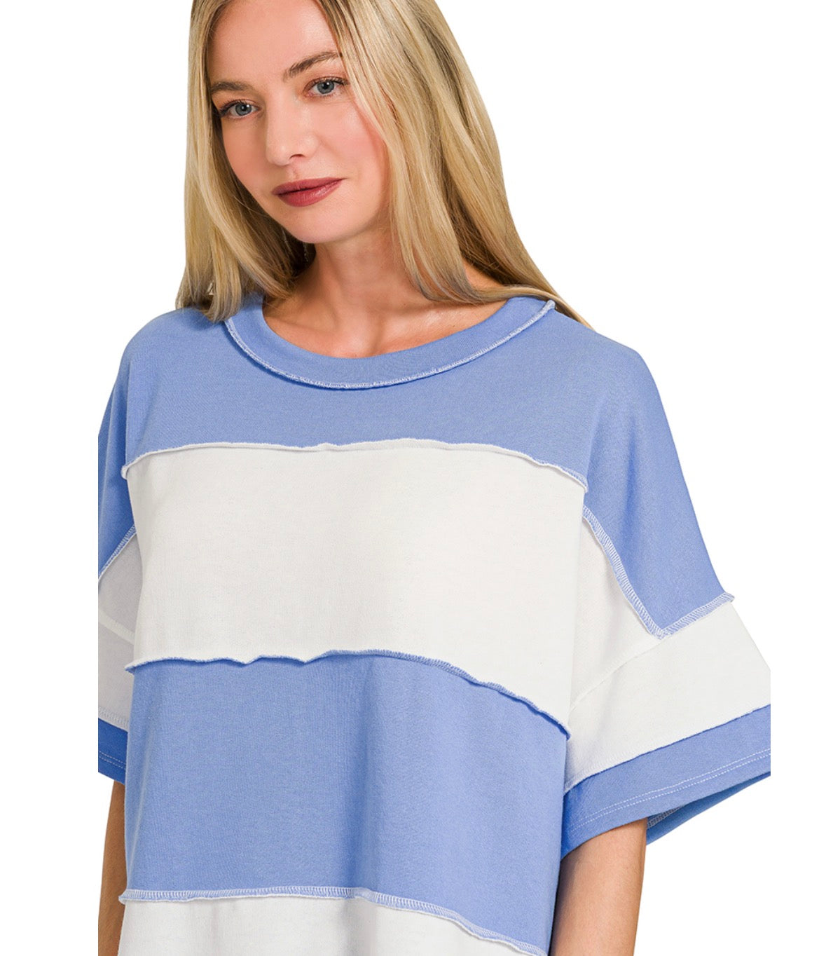 FRENCH TERRY COLOR BLOCK EXPOSED SEAM TOP-Zenana-Stuffology - Where Vintage Meets Modern, A Boutique for Real Women in Crosbyton, TX
