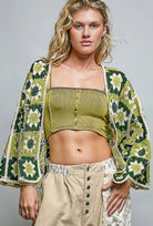 POL Clothing Olive Patchwork Border Cardigan-Cardigan-Stuffology Boutique -Stuffology - Where Vintage Meets Modern, A Boutique for Real Women in Crosbyton, TX
