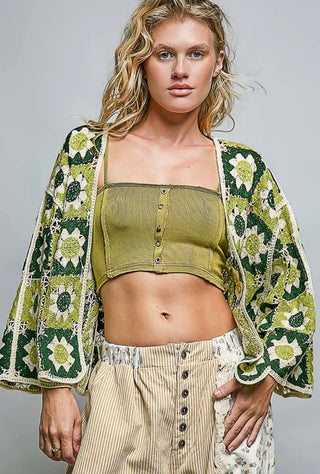 POL Clothing Olive Patchwork Border Cardigan-Cardigan-POL Clothing-Stuffology - Where Vintage Meets Modern, A Boutique for Real Women in Crosbyton, TX