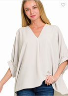 Textured V-Neck Poncho Top - Bone-TOP-ZENANA-Stuffology - Where Vintage Meets Modern, A Boutique for Real Women in Crosbyton, TX