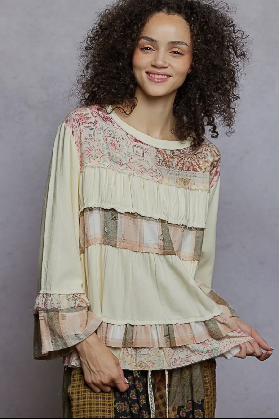 POL Clothing Boho Patchwork Ruffle Top-TOP-POL Clothing-Stuffology - Where Vintage Meets Modern, A Boutique for Real Women in Crosbyton, TX