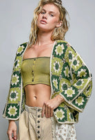 POL Clothing Olive Patchwork Border Cardigan-Cardigan-Stuffology Boutique -Stuffology - Where Vintage Meets Modern, A Boutique for Real Women in Crosbyton, TX