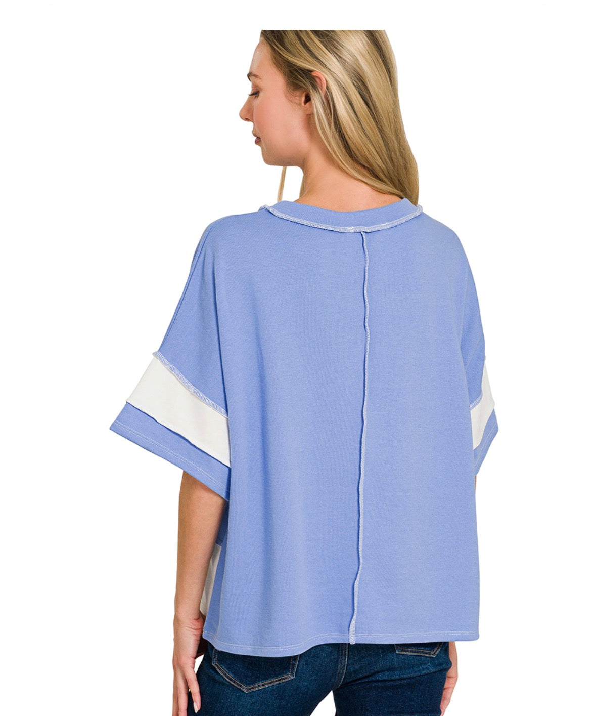 FRENCH TERRY COLOR BLOCK EXPOSED SEAM TOP-Zenana-Stuffology - Where Vintage Meets Modern, A Boutique for Real Women in Crosbyton, TX