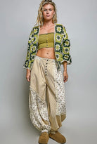 POL Clothing Olive Patchwork Border Cardigan-Cardigan-Stuffology Boutique -Stuffology - Where Vintage Meets Modern, A Boutique for Real Women in Crosbyton, TX