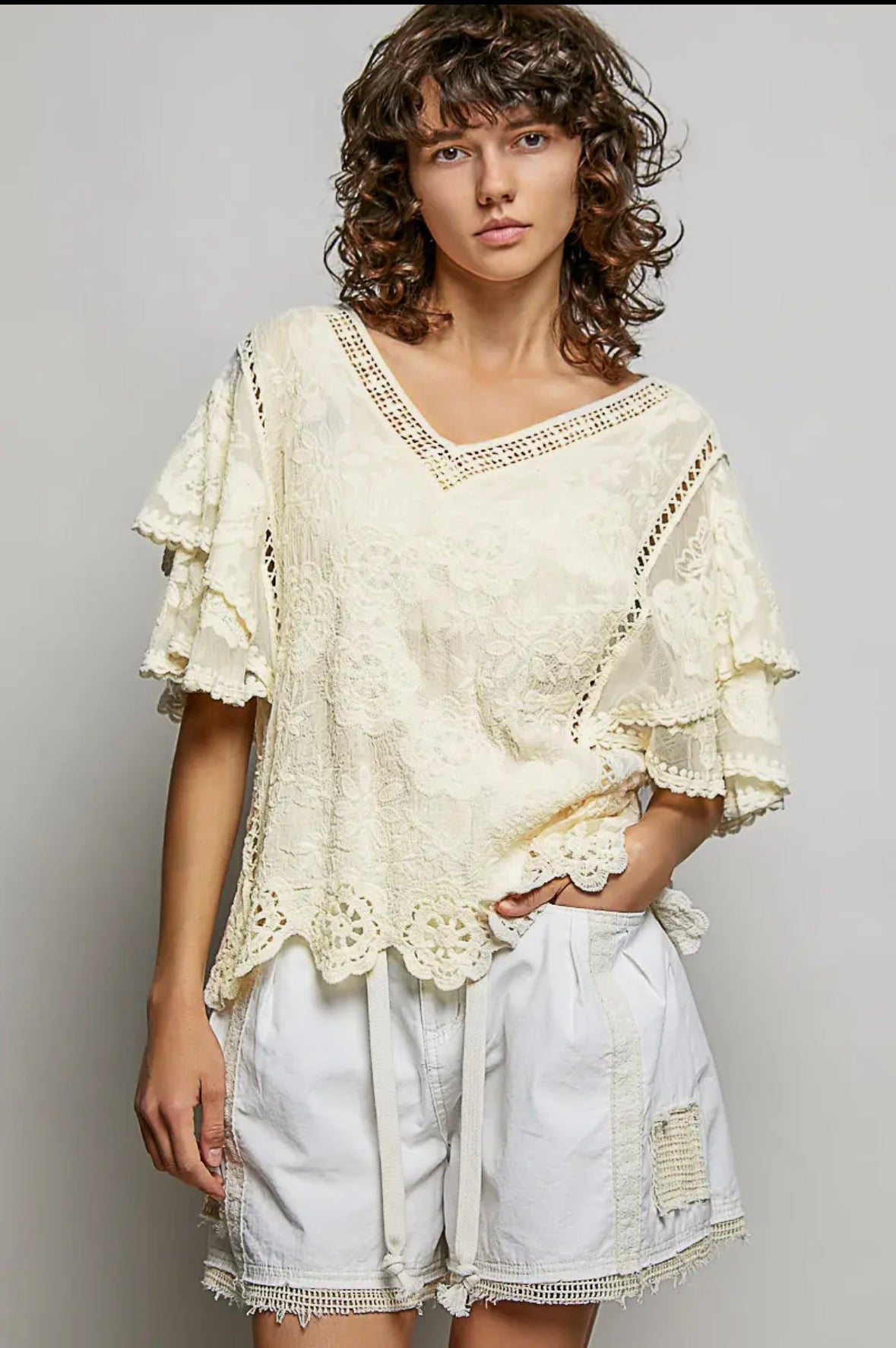 Cream Crochet Lace Flutter Sleeve Top-TOP-Stuffology Boutique -Stuffology - Where Vintage Meets Modern, A Boutique for Real Women in Crosbyton, TX