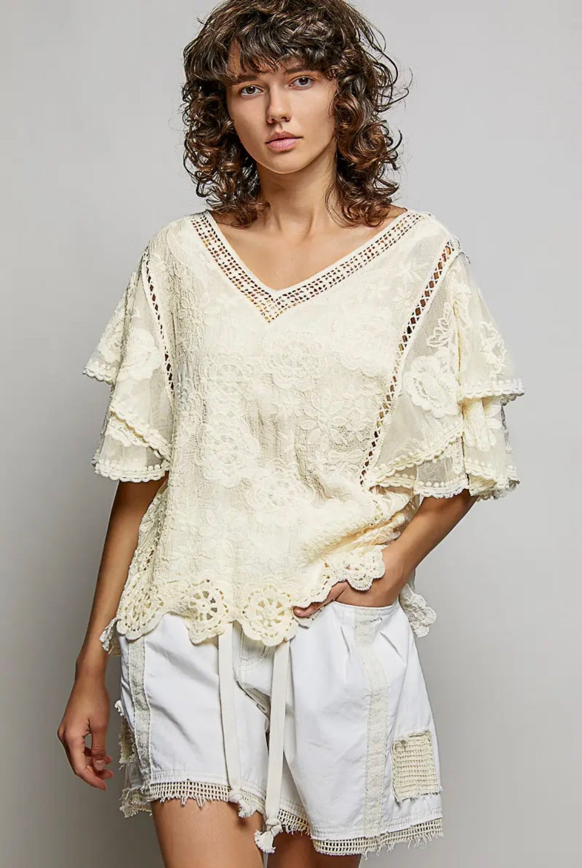 Cream Crochet Lace Flutter Sleeve Top-TOP-Stuffology Boutique -Stuffology - Where Vintage Meets Modern, A Boutique for Real Women in Crosbyton, TX
