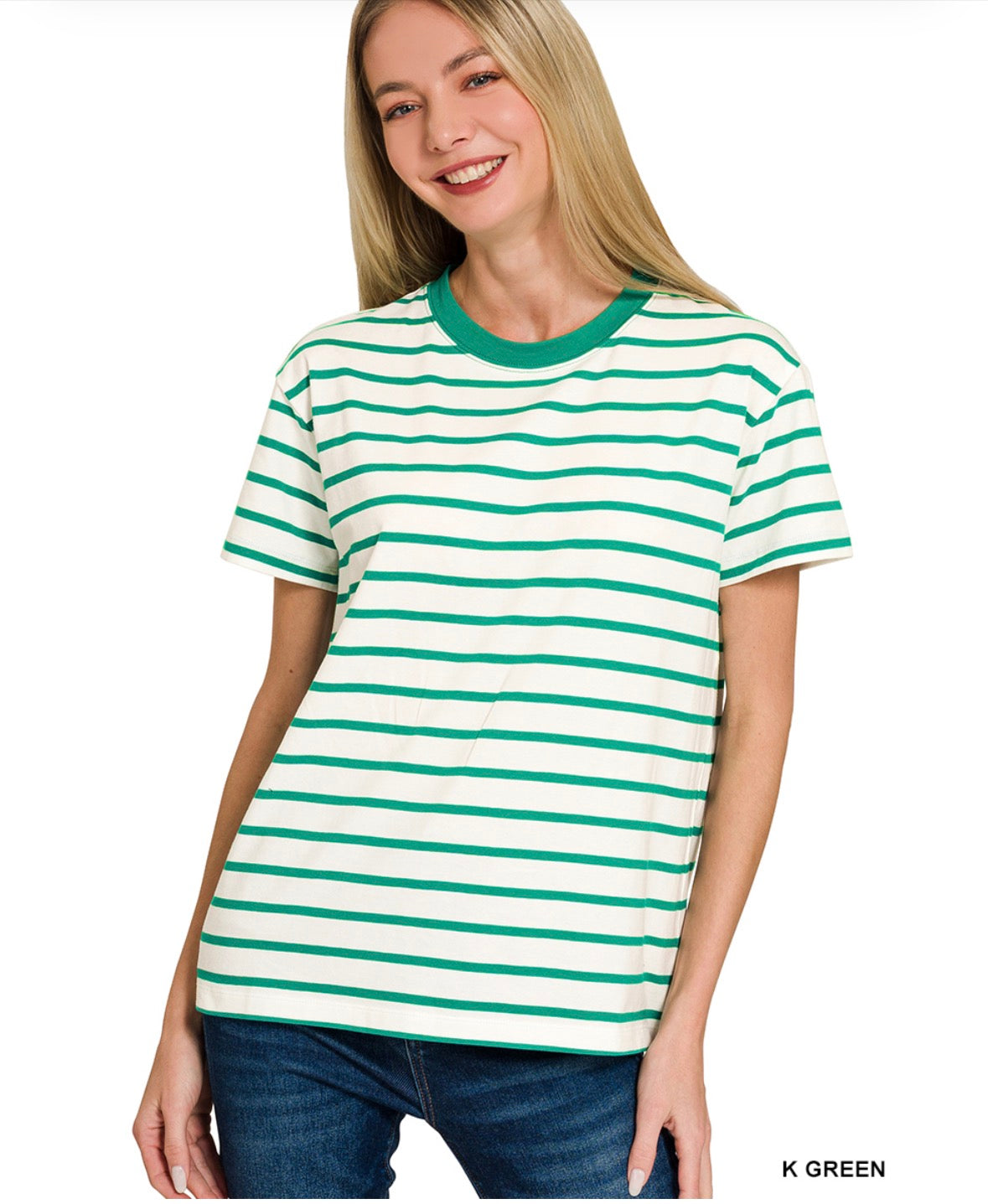 Kelly Green Striped Crew Neck Tee-Tops-Zenana-Stuffology - Where Vintage Meets Modern, A Boutique for Real Women in Crosbyton, TX