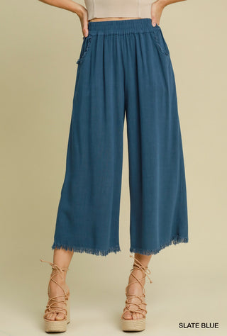 Blue Frayed Hem Wide-Leg Pants-Pants-Umgee-Stuffology - Where Vintage Meets Modern, A Boutique for Real Women in Crosbyton, TX