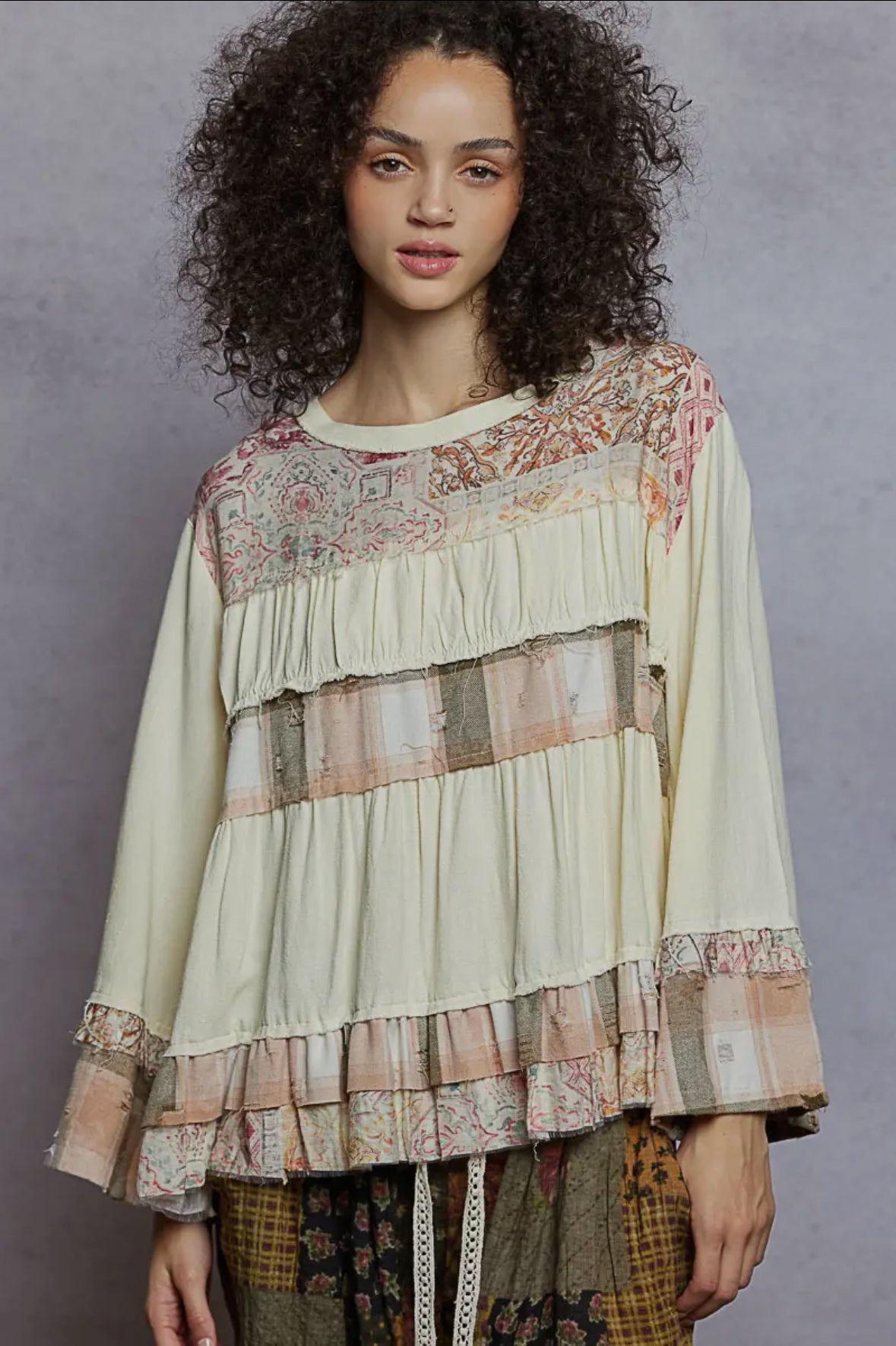 POL Clothing Boho Patchwork Ruffle Top-TOP-POL Clothing-Stuffology - Where Vintage Meets Modern, A Boutique for Real Women in Crosbyton, TX