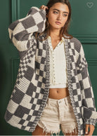 Charcoal Combo Mixed Check Loose Fit Chunky Cardigan /Stuffology Boutique-Sweater Cardigan-BiBi-Stuffology - Where Vintage Meets Modern, A Boutique for Real Women in Crosbyton, TX