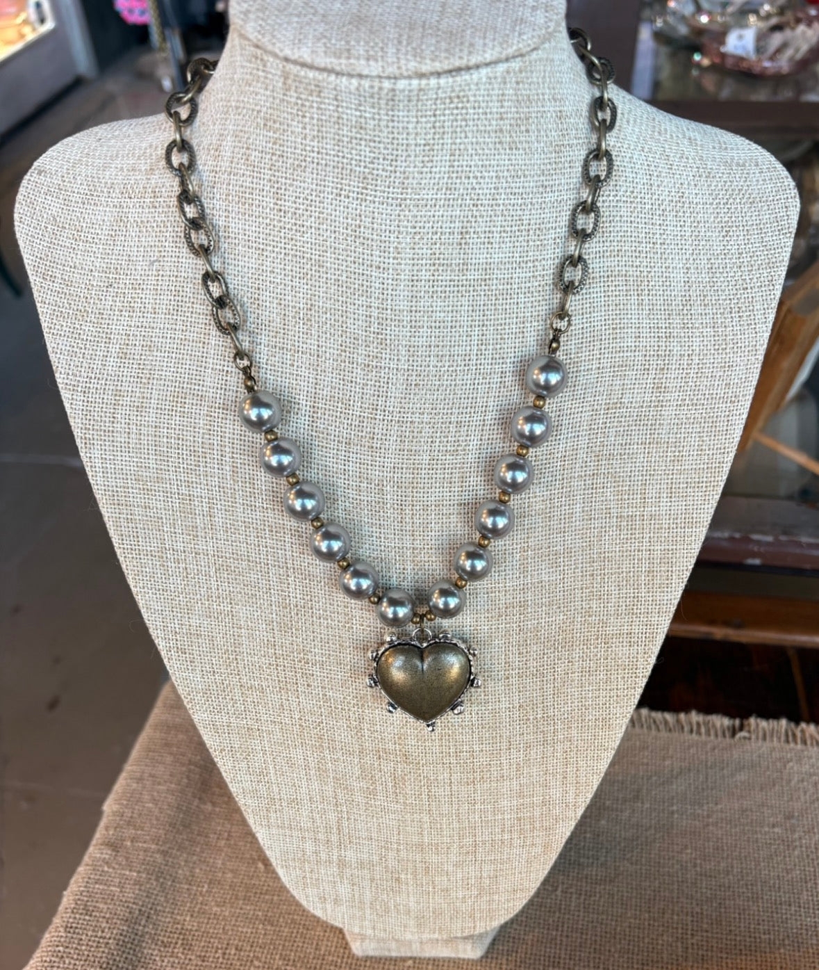 Gray Pearl Chain Necklace with Vintage Heart Pendant-Necklaces-Lost & Found Trading-Stuffology - Where Vintage Meets Modern, A Boutique for Real Women in Crosbyton, TX