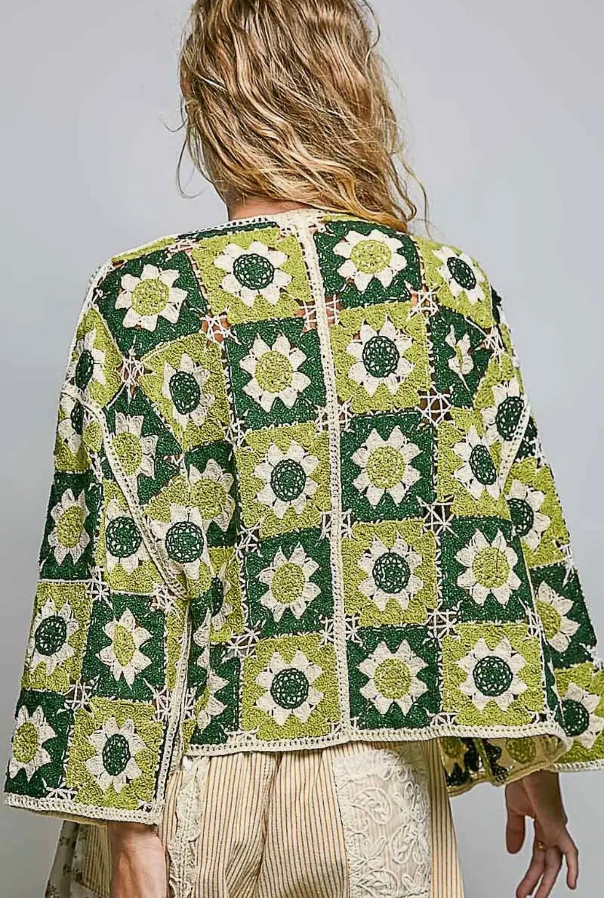 POL Clothing Olive Patchwork Border Cardigan-Cardigan-Stuffology Boutique -Stuffology - Where Vintage Meets Modern, A Boutique for Real Women in Crosbyton, TX