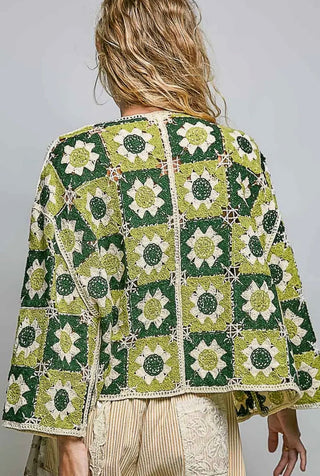 POL Clothing Olive Patchwork Border Cardigan-Cardigan-POL Clothing-Stuffology - Where Vintage Meets Modern, A Boutique for Real Women in Crosbyton, TX